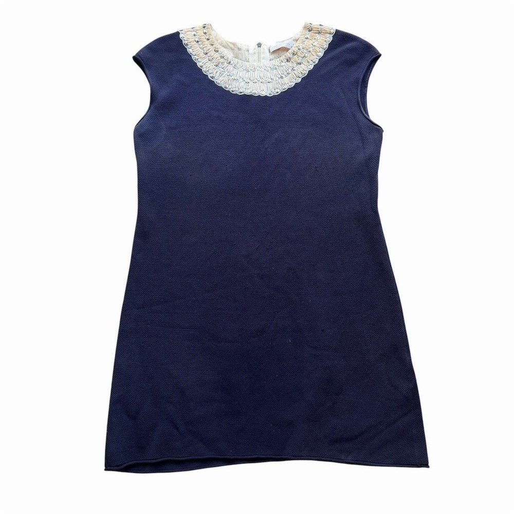Tory Burch Shift Dress‎ Womens XL Navy Blue Sequin Beaded Fringe Collar